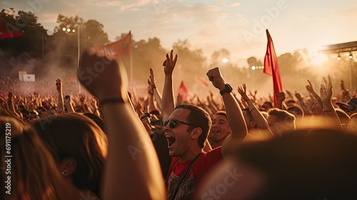 Crowd of people enjoying an outdoor music festival, cheering with raised hands at sunset.