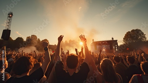 Crowd enjoying a music festival at sunset with raised hands and stage in background. photo