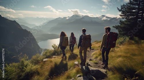 Group of hikers with backpacks trekking in mountainous terrain, enjoying panoramic views under a clear sky. photo
