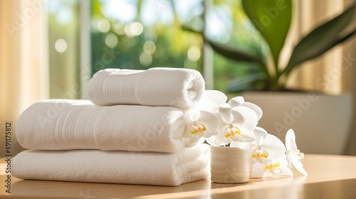 Tranquil Spa Escape. Serene Ambiance with Soft White Towels for Ultimate Relaxation