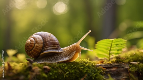 An image of a snail without a shell that is surrounded by woods and mosses in the sunlight.