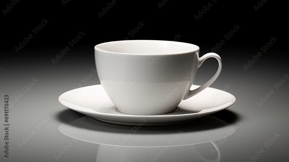 Obraz premium a white coffee cup sitting on top of a saucer on top of a saucer on top of a white plate on top of a black counter top of a table.