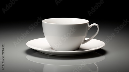  a white coffee cup sitting on top of a saucer on top of a saucer on top of a white plate on top of a black counter top of a table.