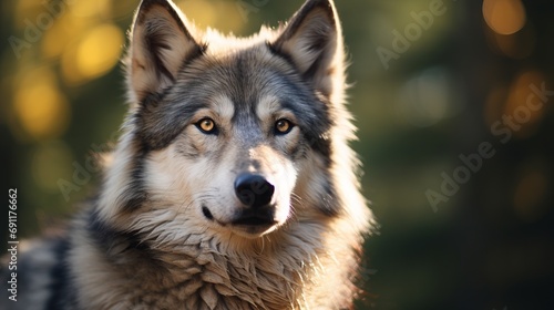 A close-up shot of a gray wolf at a zoo with selective focus