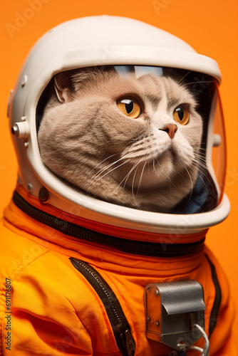 happy British Shorthair Cat Dressed as an astronaut on orange color background created with Generative Ai