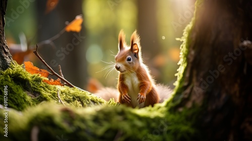 A forest shot with a selective focus on a red squirrel