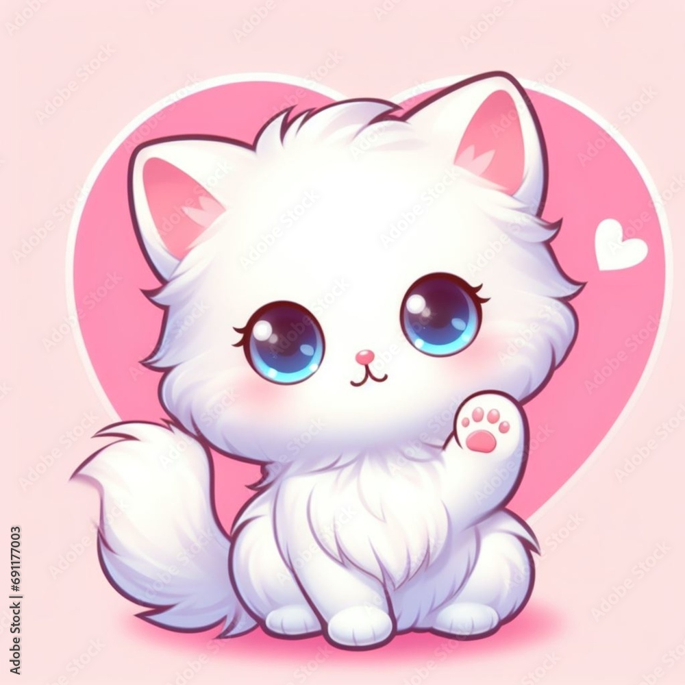 cartoon white cute kitten on a background of a pink heart denoting love,postcard for Valentine's Day, congratulations on March 8, to your loved one, background