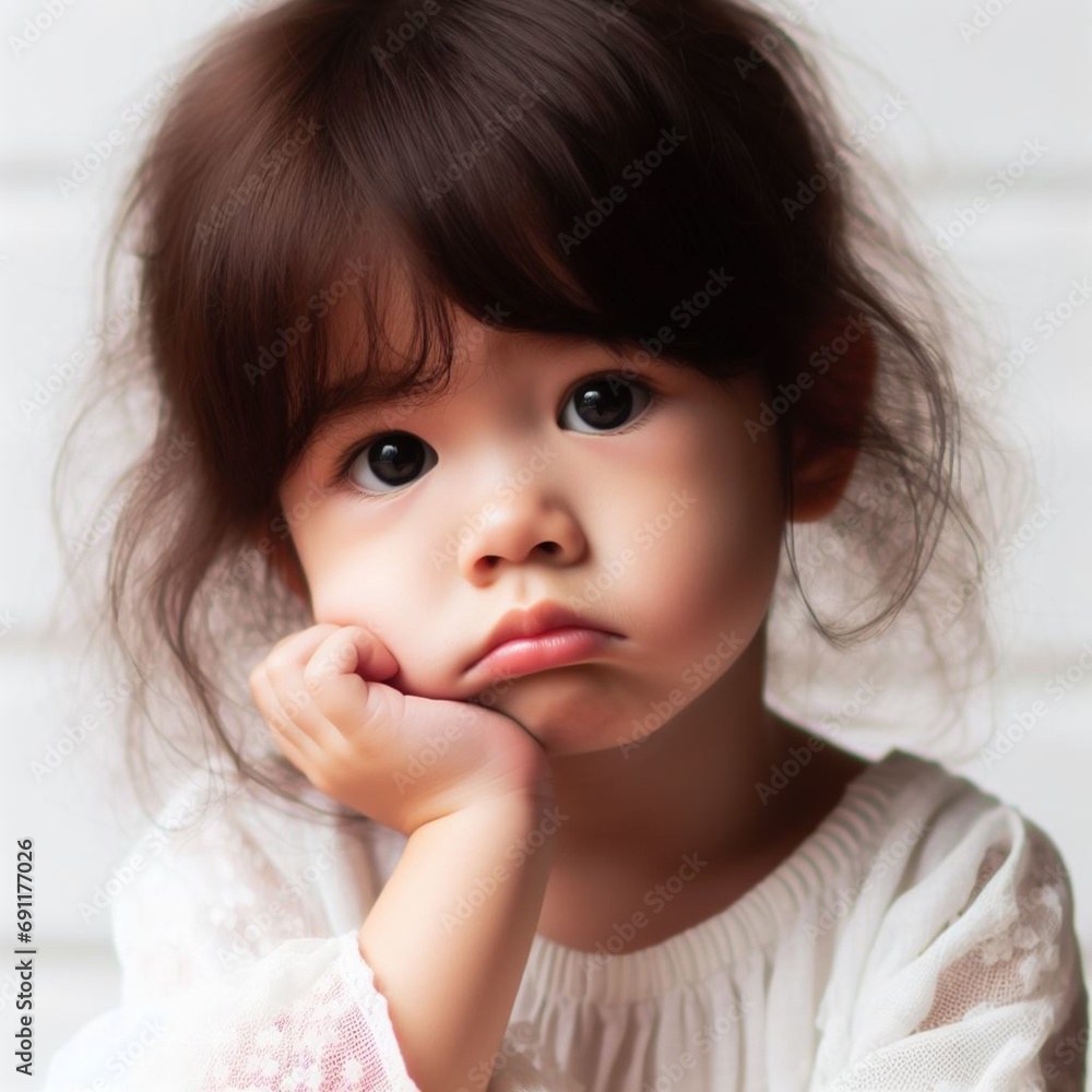 portrait of one little bored girl, brunette with fluffy hair in a white blouse, resting her head on her hand portrait of one little bored girl, brunette with fluffy hair in a white blouse, resting her head on her hand