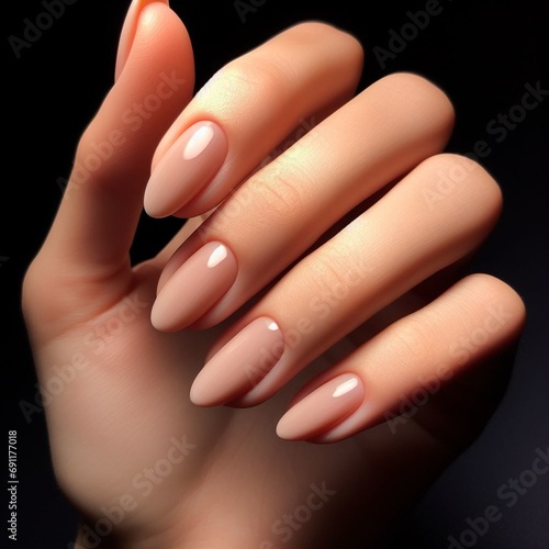 female hand with neutral manicure  close up on a black background isolated