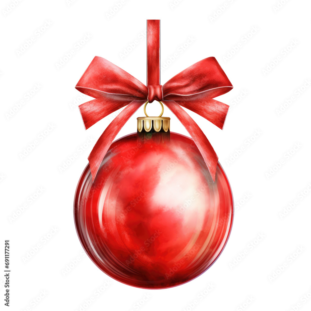 Red watercolor Christmas ball with ribbon and a bow, isolated on background. Generative AI. Red watercolor Christmas ball with ribbon and a bow, isolated on background. Generative AI.