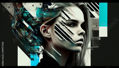 A model with a glitch art aesthetic  showcasing fragmented and distorted elements in a visually striking composition.