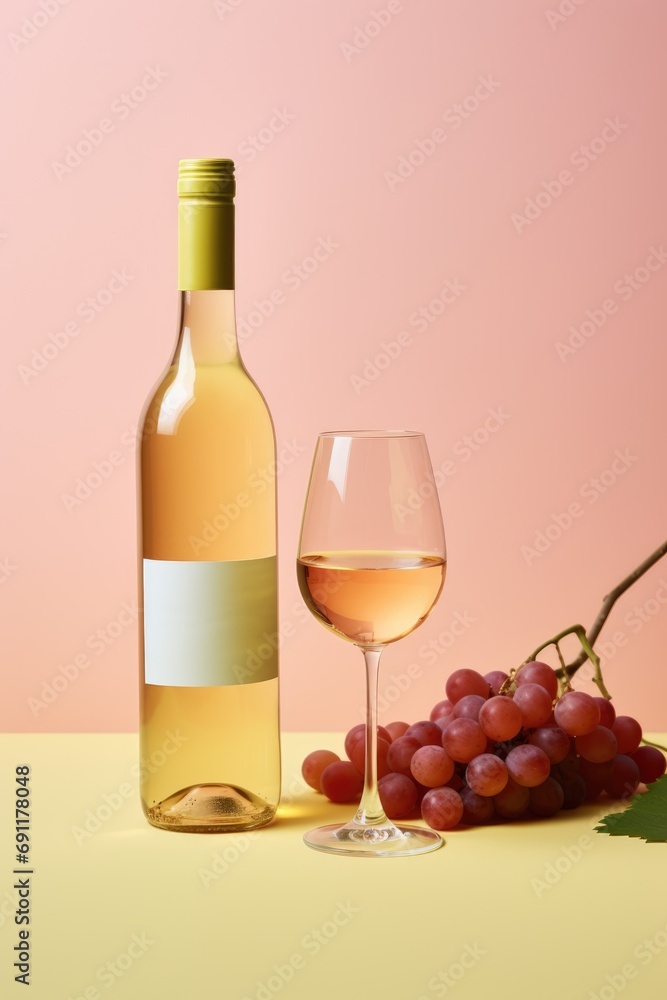 Obraz premium Wine bottle mockup with wine glass and grapes