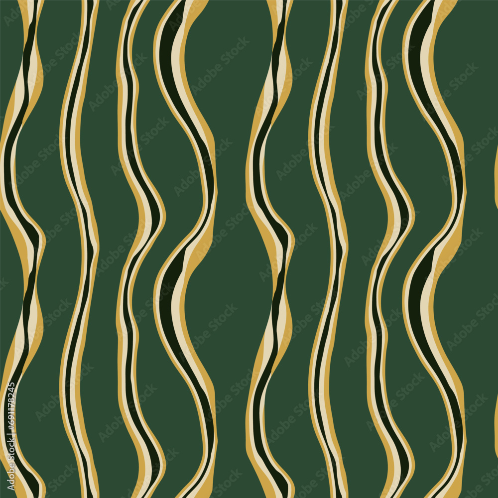 Wavy vertical stripes pattern in green and golden colors. Vector seamless pattern design for textile, fashion, paper, packaging and branding. 