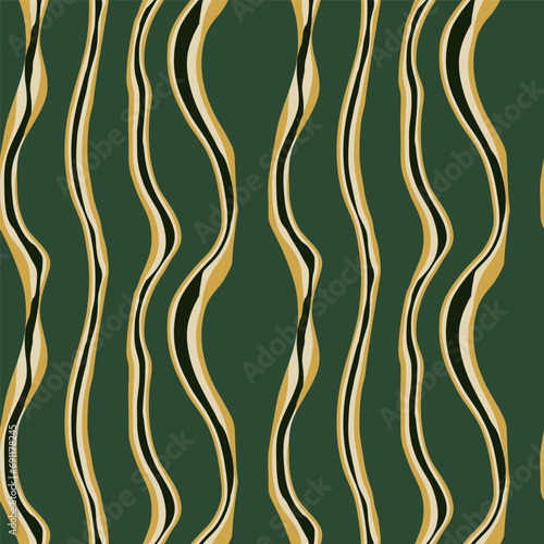 Wavy vertical stripes pattern in green and golden colors. Vector seamless pattern design for textile  fashion  paper  packaging and branding. 