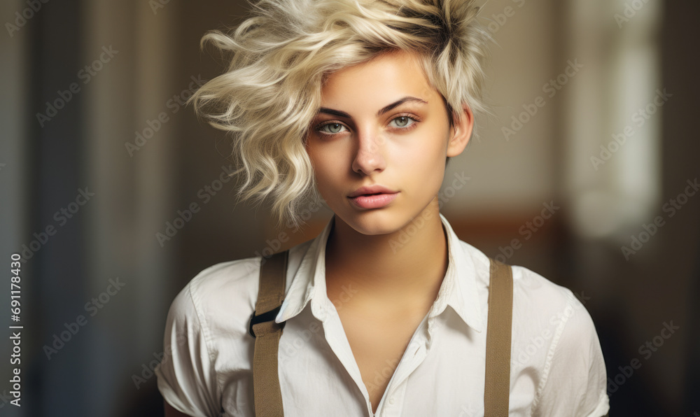 Stylish Western European non-binary individual in their 20s with short tousled blonde hair in a casual white shirt and suspenders, neutral studio background Stylish Western European non-binary individual in their 20s with short tousled blonde hair in a casual white shirt and suspenders, neutral studio background