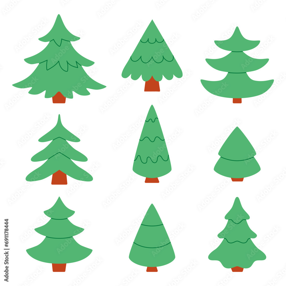 Hand drawn flat vector fir tree collection. Set of stylized Christmas trees illustrations