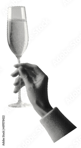 hand with champagne glass isolated retro pop art halftone effect collage element for mixed media dotted texture vintage magazine grunge punk style