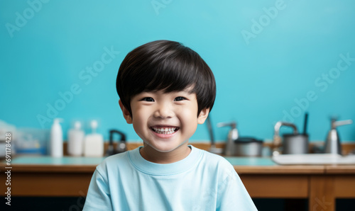 Joyful Asian child with bowl-cut black hair wearing a pale blue shirt on a matching studio background, smiling brightly