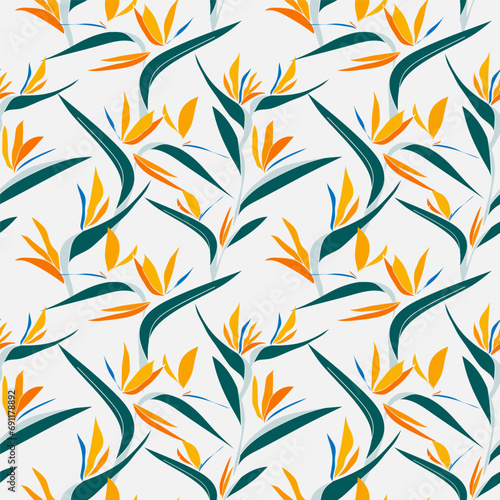 Yellow bid of paradise exotic tropical flowers pattern. Vector seamless pattern design for textile, fashion, paper, packaging and branding.