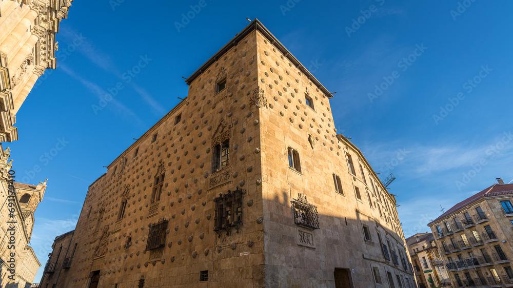 Beautiful facade of the Casa de las Conchas in the city of Salamanca, in Spain.
