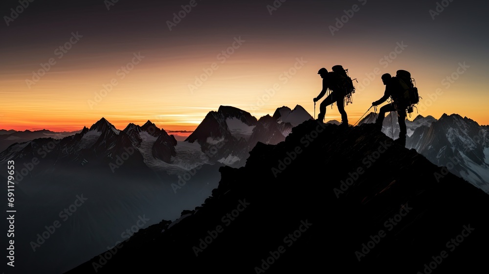Silhouetted hikers with backpacks traverse a mountain ridge at sunrise, with a vibrant sky in the background.