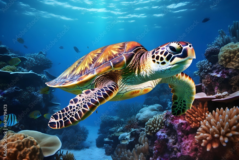 Green sea turtle swimming among colorful coral reef in beautiful clear water