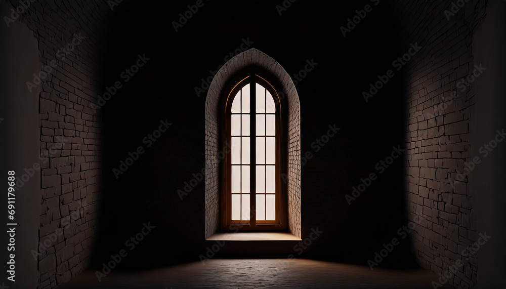dark interior with light entering a narrow arched window - obrazy, fototapety, plakaty 