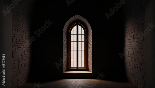 dark interior with light entering a narrow arched window
