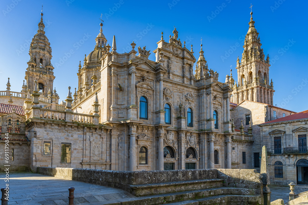 View of the monumental cathedral of the city of Santiago de Compostela in Galicia.