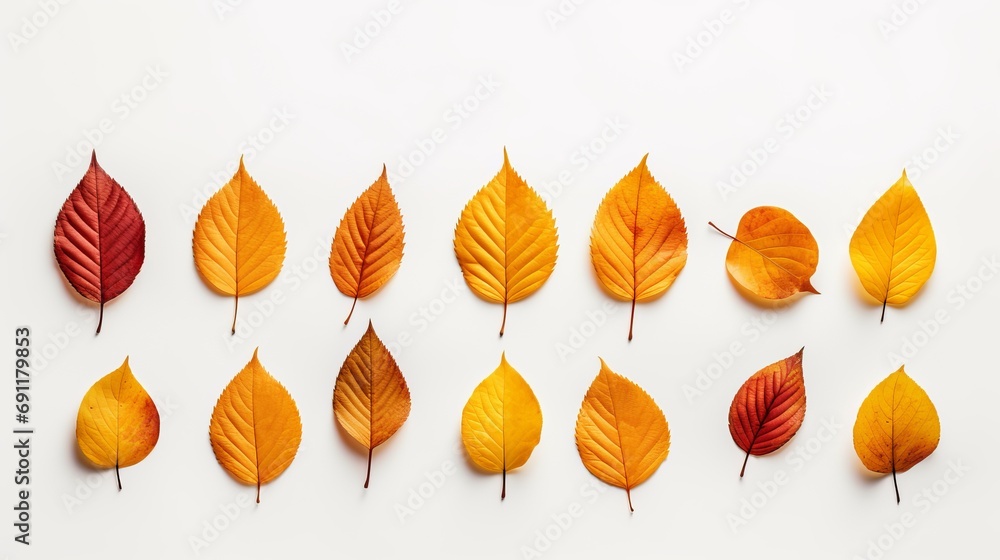 Obraz premium A view of the top of autumn leaves that are laid flat.