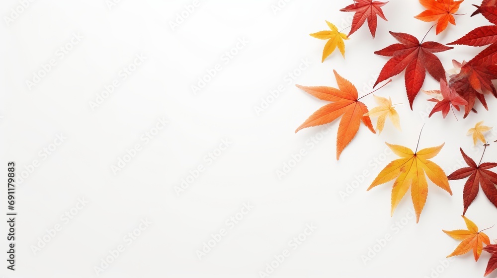 A white background is the background for a top view of autumn leaves. A white background is the background for a top view of autumn leaves.