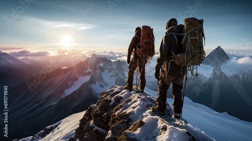 Two climbers on a mountain peak above clouds at sunrise, with panoramic view of majestic peaks. photo