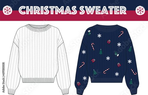 Christmas theme sweater drawing. Knit sweater Vector technical sketch. Christmas new year noel patterns.