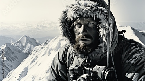 Bearded mountaineer in fur hood with binoculars against snowy mountain backdrop.