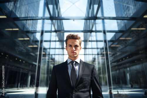 Erfolgsblick: Geschäftsmann im Portrait vor einer urbanen Glasfassade mit selbstbewusstem Business-Charme photo