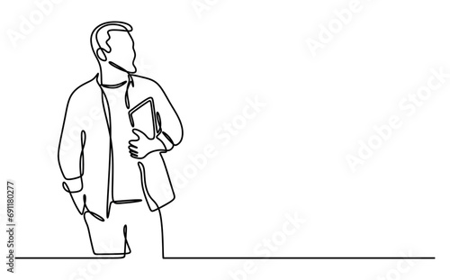 happy male businessman with hand in pocket holding digital tablet. Continuous line style. Hand drawn. business concept. Vector design. Illustration