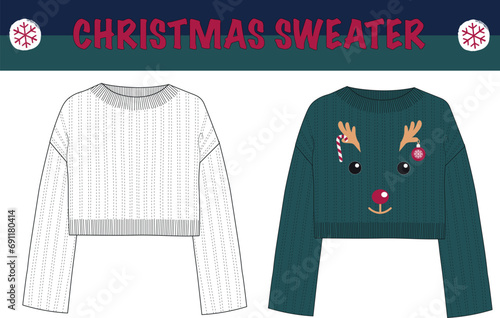 Christmas theme sweater drawing. Knit sweater Vector technical sketch. Christmas new year noel patterns. 