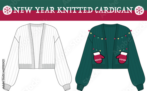 Christmas themed cardigan drawing. Knit cardigan Vector technical sketch. Christmas light new year patterns.
