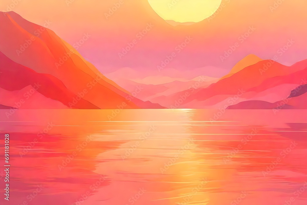 sunset over the sea with gradient color red, orange, pink, yellow 