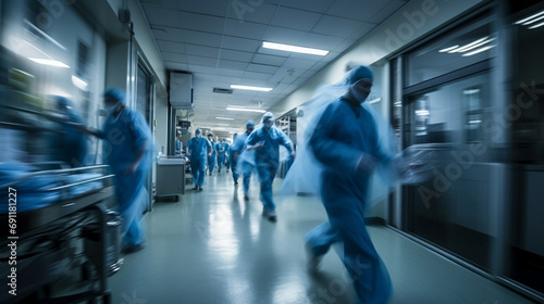 Impressive motion blur shot of medical doctors and nurses in hospital corridor, AI Generated photo