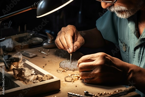 An experienced master jeweler in the process of working photo