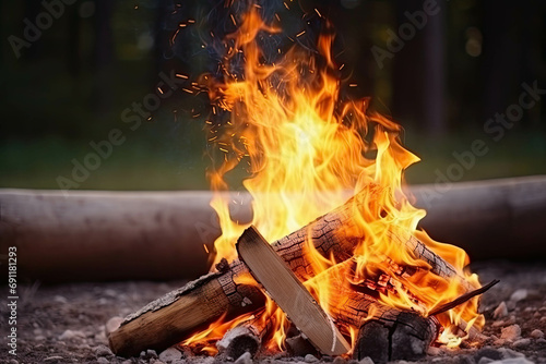 Beautiful bonfire with burning firewood in a cold forest