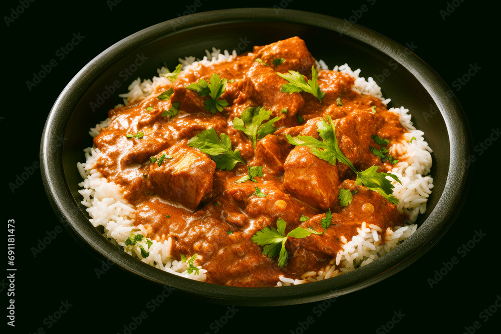 Chicken tikka masala spicy curry meat food with rice in a bowl Chicken tikka masala spicy curry meat food with rice in a bowl