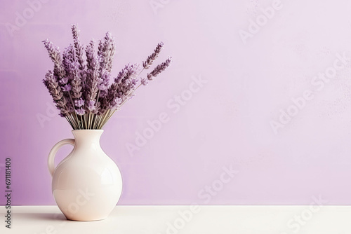 Bouquet of lavender in a small vase minimal still life on a purple background © Mayava