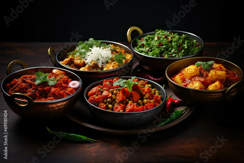 Bowls of indian food on a dark table