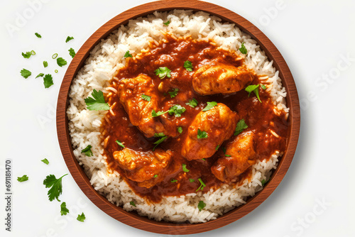 Chicken tikka masala spicy curry meat food with rice in a bowl