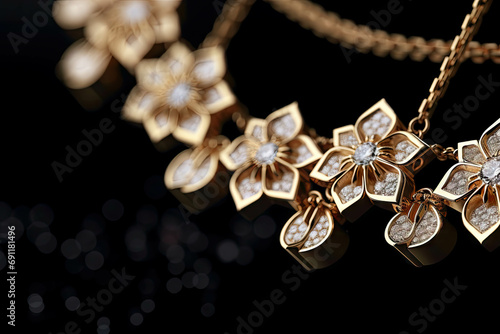 Closeup of a golden necklace with diamonds on a black background