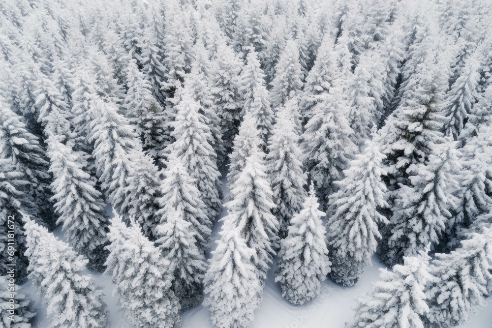 Drone photo of snow-covered evergreen trees during winter and after snowfall. Aerial view of a frozen, icy landscape Drone photo of snow-covered evergreen trees during winter and after snowfall. Aerial view of a frozen, icy landscape