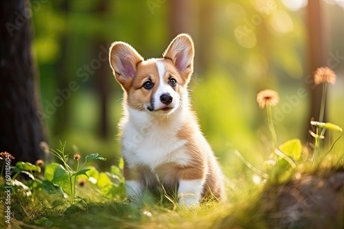 Cute Welsh Corgi puppy sitting outdoor in a park in summer and sunlight