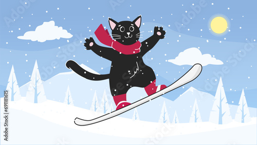 Snowboarder jumping in the air. A cat is snowboarding